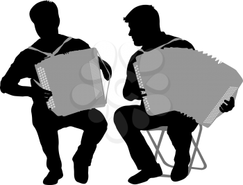 Silhouette of two musicians bayan on white background, vector illustration.