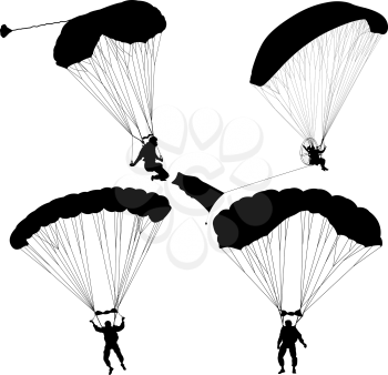Set skydiver, silhouettes parachuting vector illustration.
