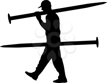 Silhouette Porter carrying the large nail in his hands, vector illustration.
