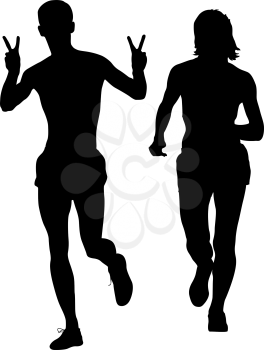 Set of silhouettes. Runners on sprint men and woman. Vector illustration.