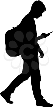 Black silhouettes man with backpack on a back. Vector illustration.