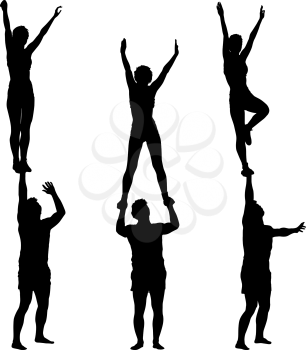 Set Black silhouette two acrobats show stand on hand. Vector illustration.