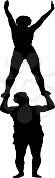 Black silhouette two acrobats show stand on hand. Vector illustration.