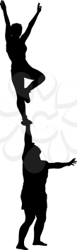 Black silhouette two acrobats show stand on hand. Vector illustration.