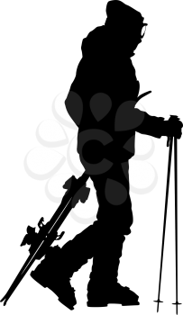 Skier standing on the snow and keeps skis. Vector sport silhouette.