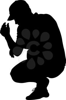 Black silhouettes man sitting on his haunches. Vector illustration.
