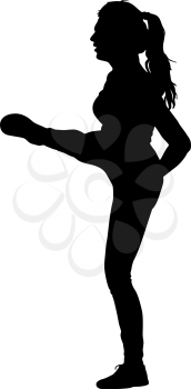 Black silhouettes of beautiful woman raised her right foot on white background. Vector illustration.