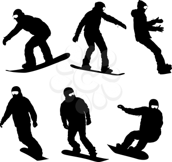 Set black silhouettes snowboarders on white background. Vector illustration.