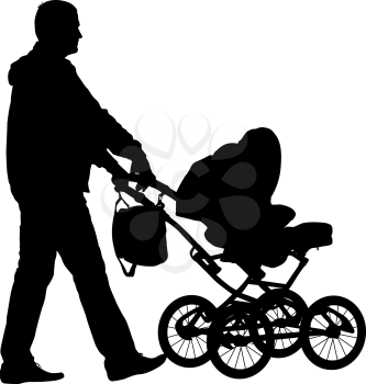 Black silhouettes father with pram on white background. Vector illustration.