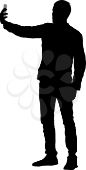 Silhouettes man taking selfie with smartphone on white background. Vector illustration.