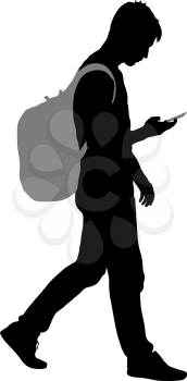 Black silhouettes man with backpack on a back. Vector illustration.