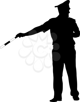 Black silhouettes of Police officer with a rod on white background.