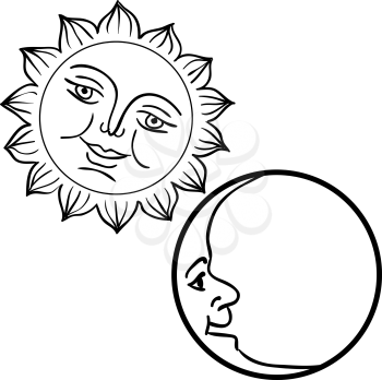 Moon and Sun with faces day and night symbols.