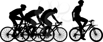 Silhouettes of racers on a bicycle, fight at the finish line.