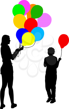 Black silhouettes of woman gives child a balloon on white background. Vector illustration.