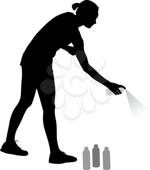 Silhouette woman holding a spray on a white background. Vector illustration.