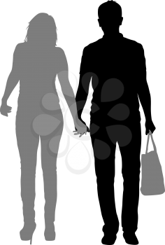 Silhouette man and woman walking hand in hand.