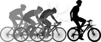 Silhouettes of racers on a bicycle, fight at the finish line.