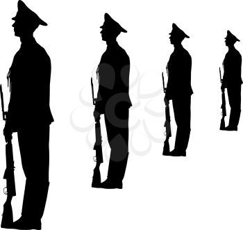 Black silhouette soldier is marching with arms on parade.