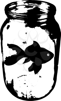 Black silhouette of aquarium fish in a jar with water on white background.