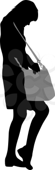 Black silhouette woman standing looking in a bag , people on white background.