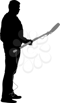 Sound technician with microphone in hand. Silhouettes on white background.