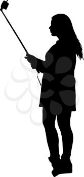 Silhouettes woman taking selfie with smartphone on white background.