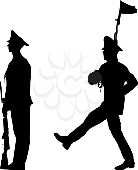 Black set silhouette soldier is marching with arms on parade.