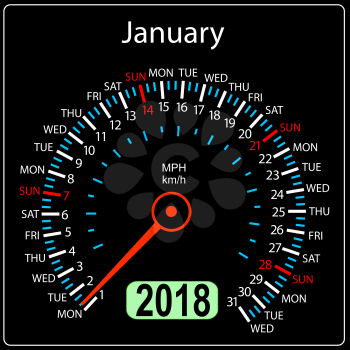 Year 2018 calendar speedometer car in concept. January.