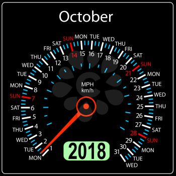 Year 2018 calendar speedometer car in concept. October.