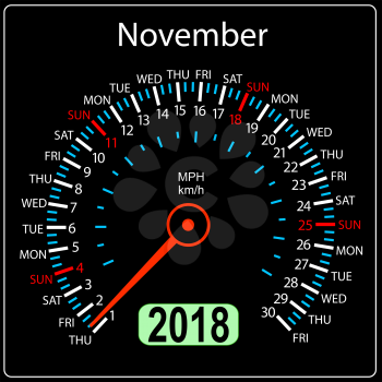 Year 2018 calendar speedometer car in concept. November.