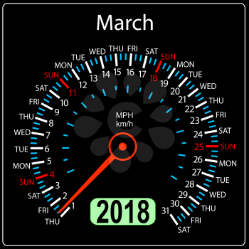 Year 2018 calendar speedometer car in concept. March.
