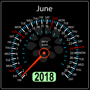 Year 2018 calendar speedometer car in concept. June.