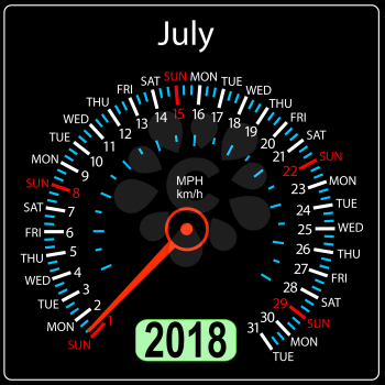 Year 2018 calendar speedometer car in concept. July.