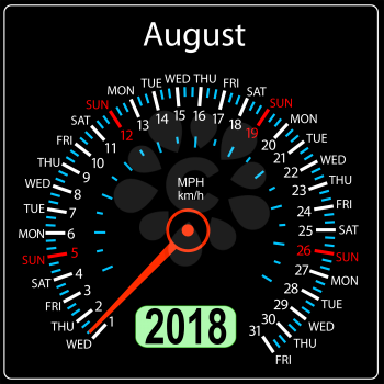 Year 2018 calendar speedometer car in concept. August.
