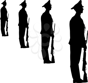 Black silhouette soldier is marching with arms on parade.