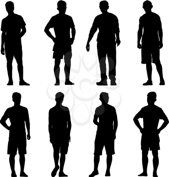 Set Black silhouette man standing, people on white background.