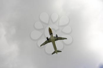 Airplane flies against a background of white clouds