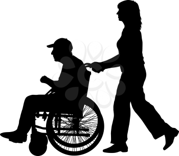 Silhouettes disabled in a wheel chair on a white background.