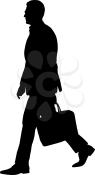 Black silhouette of a walking man with a briefcase on a white background.