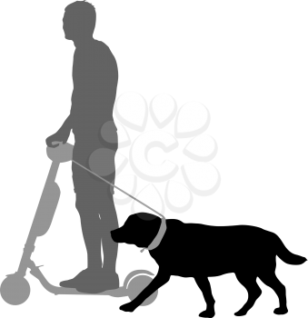 Silhouette of man on a scooter and dog on a white background.