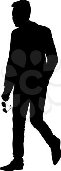 Black silhouette of a walking man with glasses in hand on a white background.