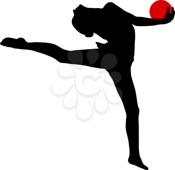 Silhouette girl gymnast with the ball on white background.