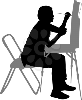 Silhouette, artist at work on a white background.