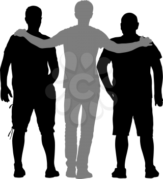 Black silhouette three men stand embracing on white background.