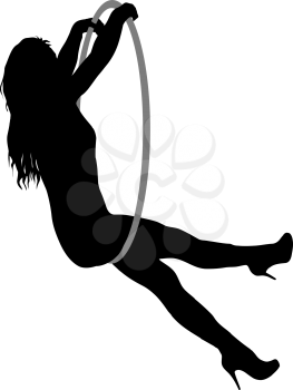 Silhouette woman doing some acrobatic elements aerial hoop on a white background.