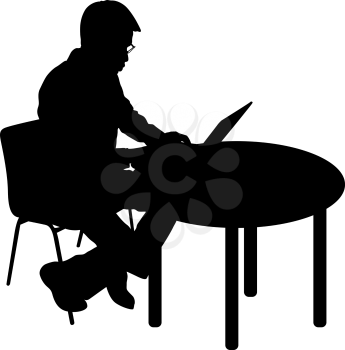 Black silhouette man sitting behind computer, on a white background.