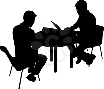 Black silhouette two men sitting behind computer, on a white background.