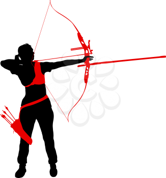 Silhouette attractive female archer bending a bow and aiming in the target.