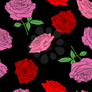 Beautiful seamless of different colors of roses and leaves.